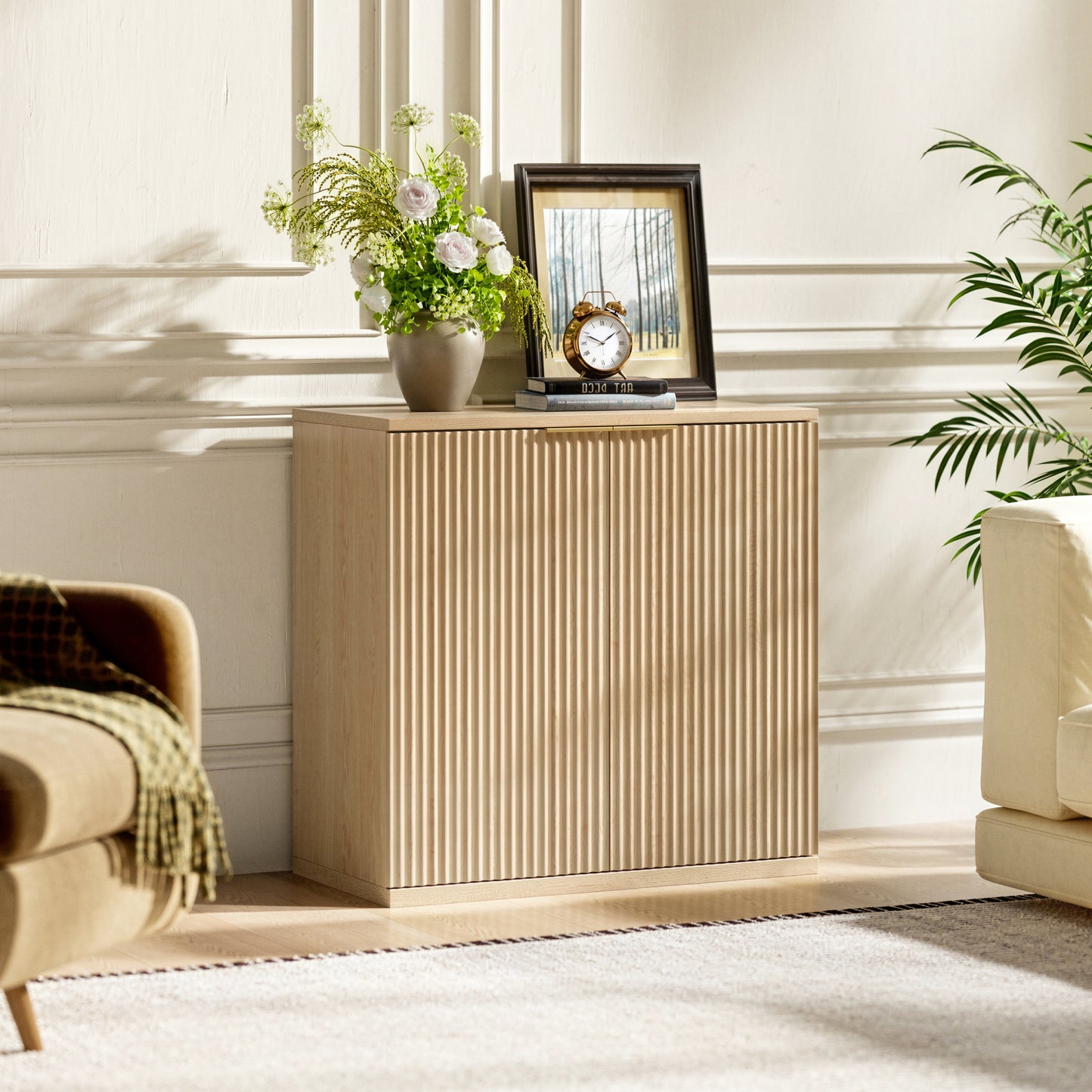 Modern Storage Cabinet With Pleated Front And Metal Handle, Multifunctional Sideboard Cabinet For Living Room & Bedroom, Natural Lightwood Decor, Oak, 60x30x70 Cm