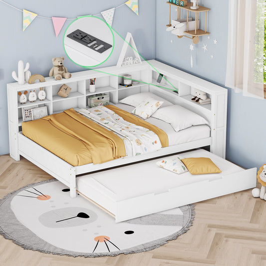 Wooden Full Size DayBed With Twin Size Trundle, DayBed With Storage Shelf And USB Charging Ports,White