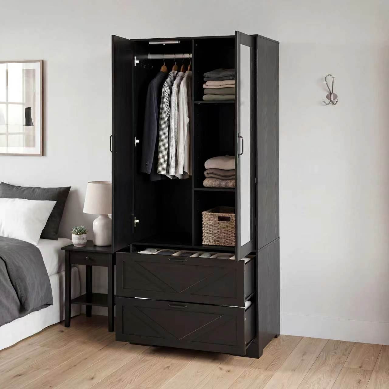 2 Door Wood Wardrobe For Bedroom With Hanging Clothing Rod Inside The Cabinet And 2 Drawers For Storage Organization, Built-in Induction Light Multifunctional Closet With Mirror, Black