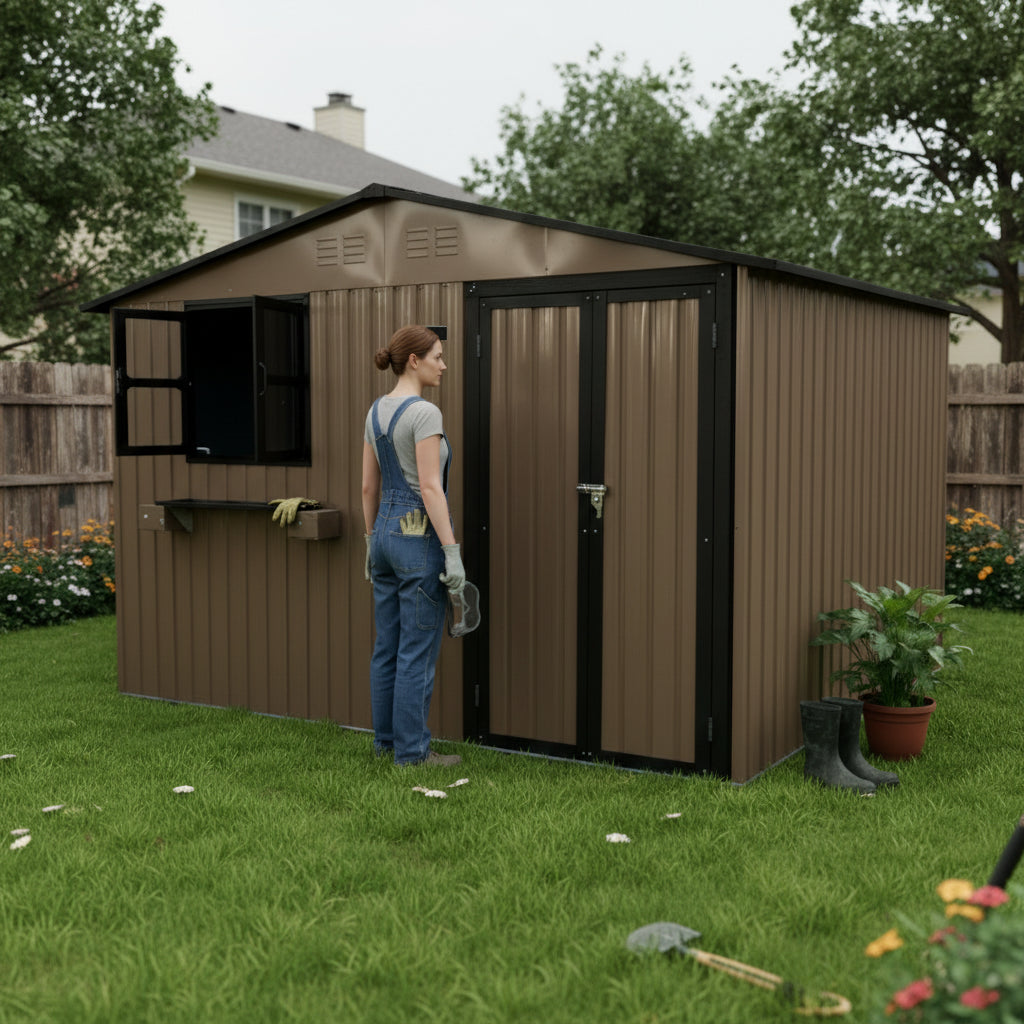 10x8 FT Outdoor Metal Storage Shed With Window & Flower Rack, Lockable Double Doors Tool Shed, Waterproof Weatherproof Garden Shed For  Patio,  Brown Black