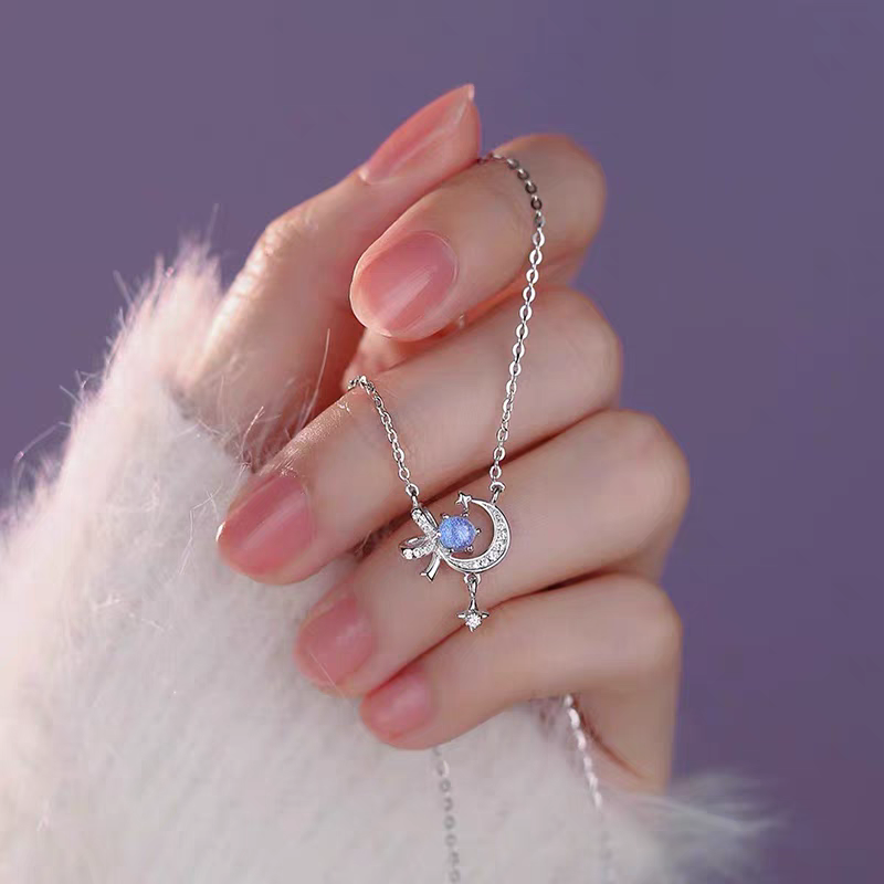 1pc 999 Sterling Silver Diamond Moon Star Bow Pendant Necklace, Delicate Sweet Style, Perfect For Daily Wear & Valentine's Gifts