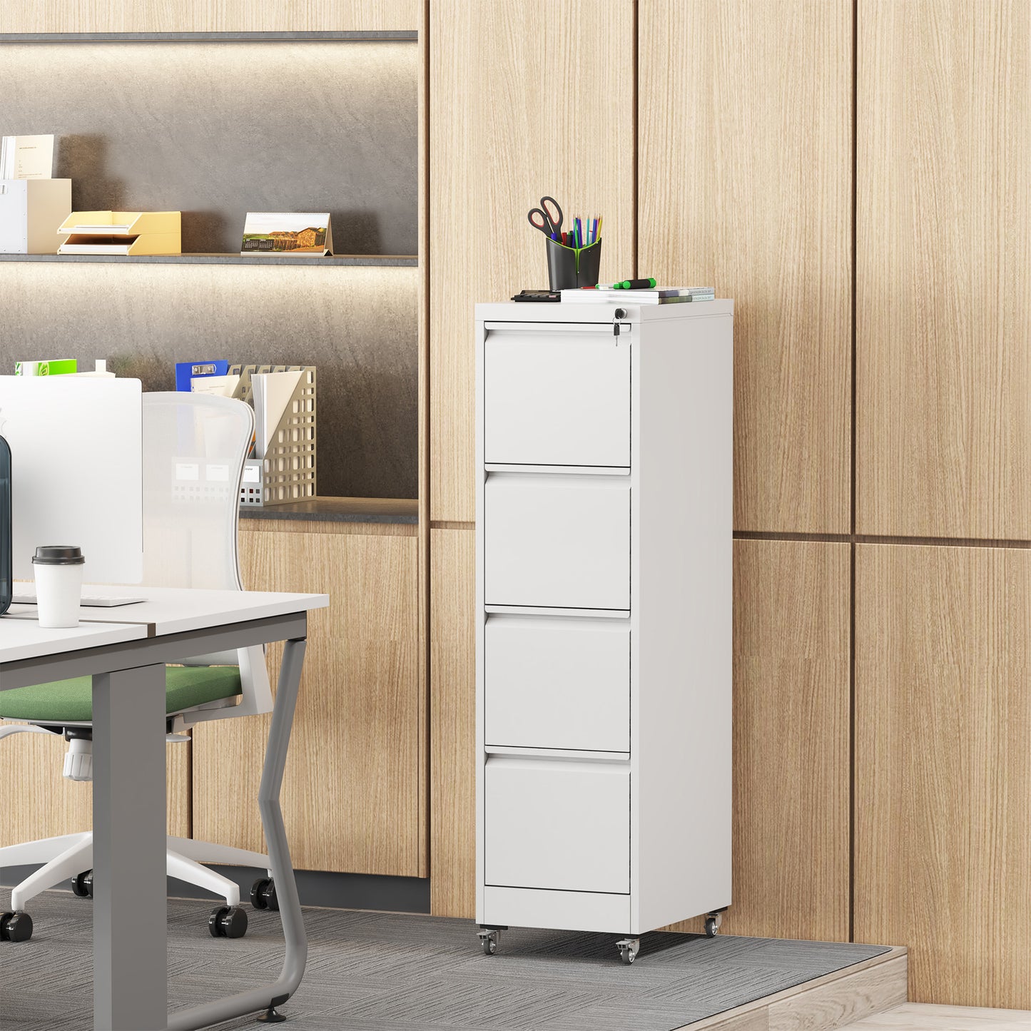 4 Drawer Metal Locking Vertical File Cabinet On Wheels -Heavy-Duty Lockable Cabinet For Home & Office, Black, 17.71 Dx15.16 Wx52.28 H,White