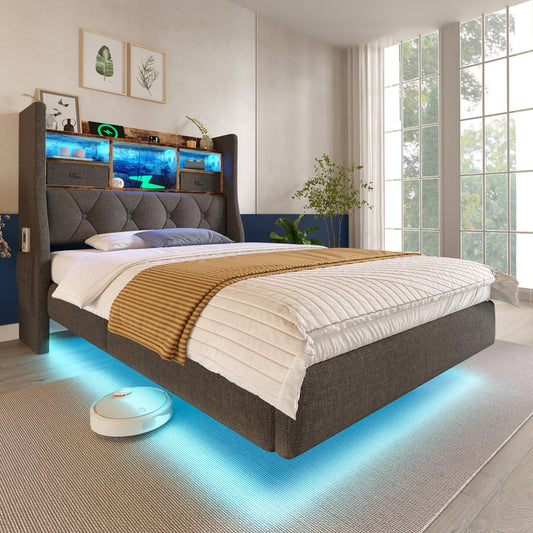 Upholstered Bed 90x200 Cm Floating Bed With LED Lighting, Headboard And Charging Station 1 Type-C, 3 USB Ports , Modern Single Bed With Storage Headboard And Slatted Base, Linen, Grey Without Mattress