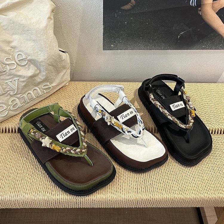 Women Boho Beaded Woven Strap Platform Flip Flops, Color Block Magic Tape Sandals, 2026 New Summer Fashion Shoes