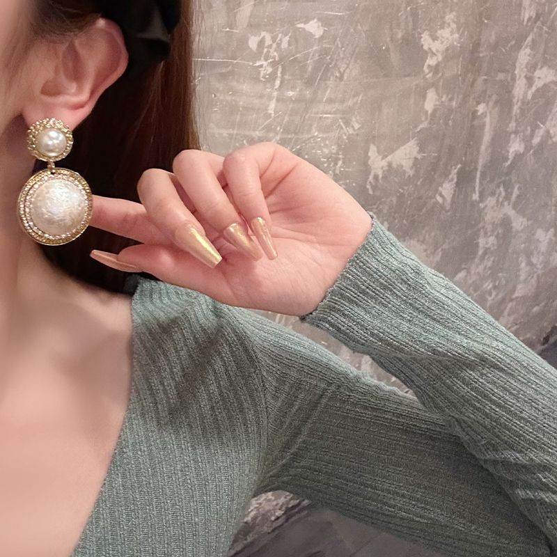 Korean Style Geometric Round Diamond-Studded Drop Earrings, Retro Cotton Pearl Earrings, Light Luxury Niche Premium Jewelry For Women