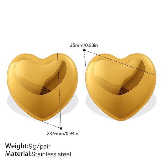European And American Minimalist Glossy Heart-shaped Stainless Steel Earrings For Women. Light Luxury Minimalist Style. Exaggerated Heart-shaped Earrings. Versatile Accessories.