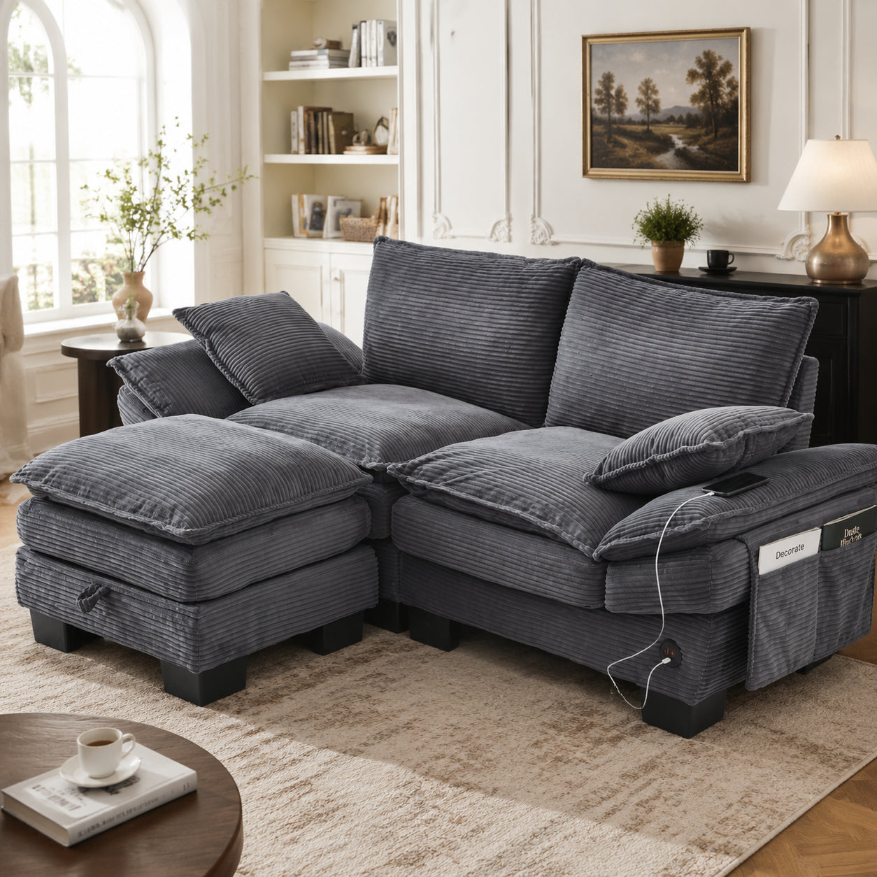 Modular Sofa With Wide Seat Surface For 2 People, Ergonomic Design, High-density Foam Cushioning, USB-C Port And Side Pockets. Ideal For Living Room, Office Or Lounge. Dark Gray