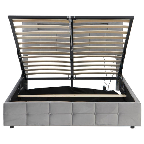 4ft6 Double Upholstered Bed Frame With Hydraulic Storage, Velvet Ottoman Bed With LED Lighting And Charging Station, Double Bed With Adjustable Button Tufted Headboard, Beige