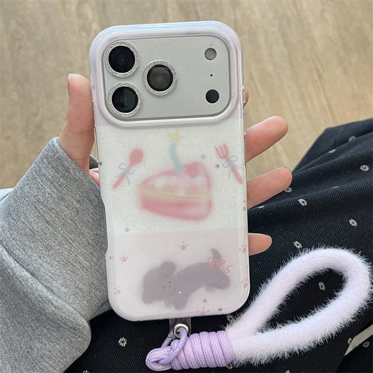 Korean-style Glittery Knife Fork And Cake Pattern Dog Phone Case