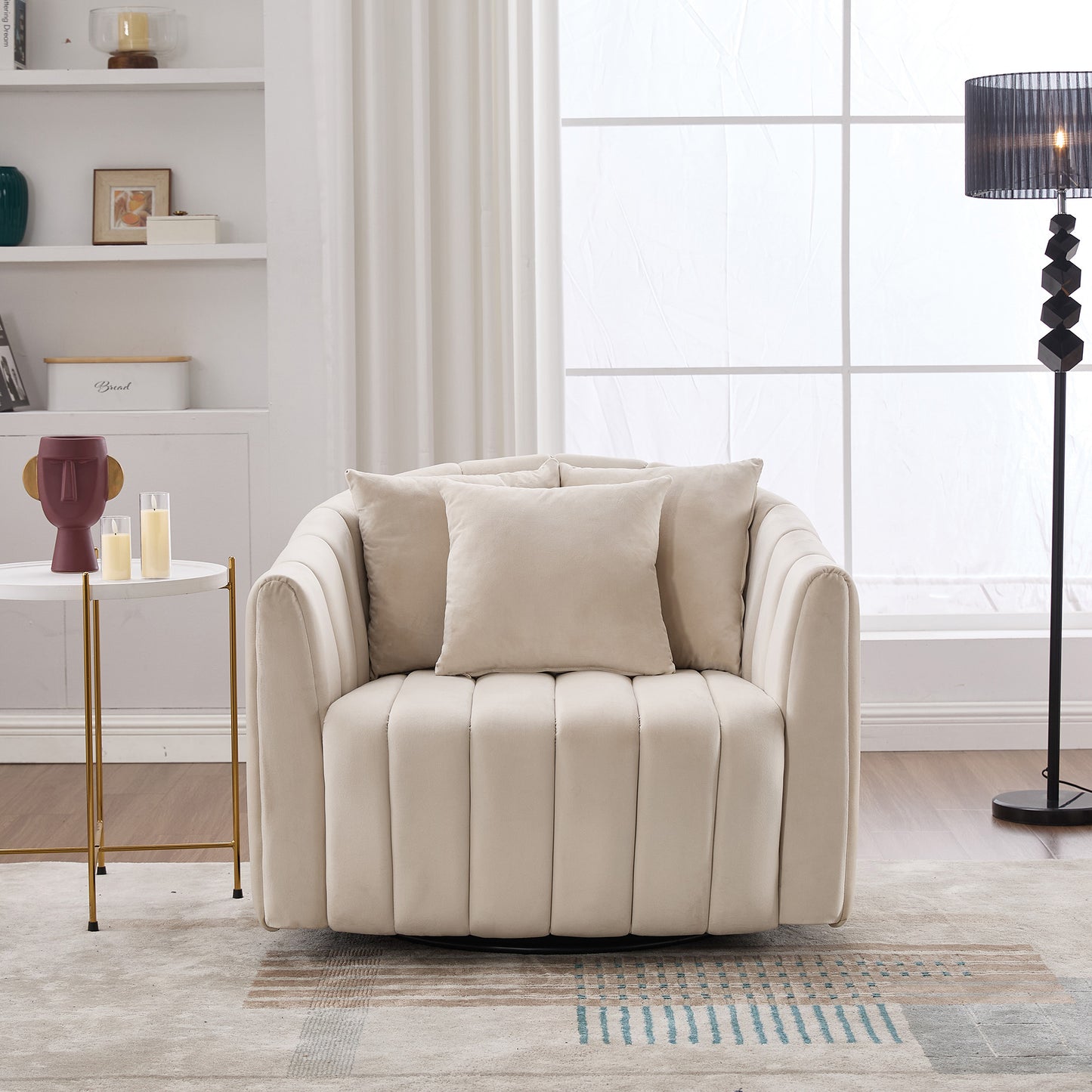 39 W Upholstered Oversized 360 Swivel Accent Barrel Chair And Half Cozy Sofa With 3 Pillows, Channel Tufted Pumpkin-Shape Club Armchair For Living Room, Bedroom, Office, Lounge, Velvet Beige
