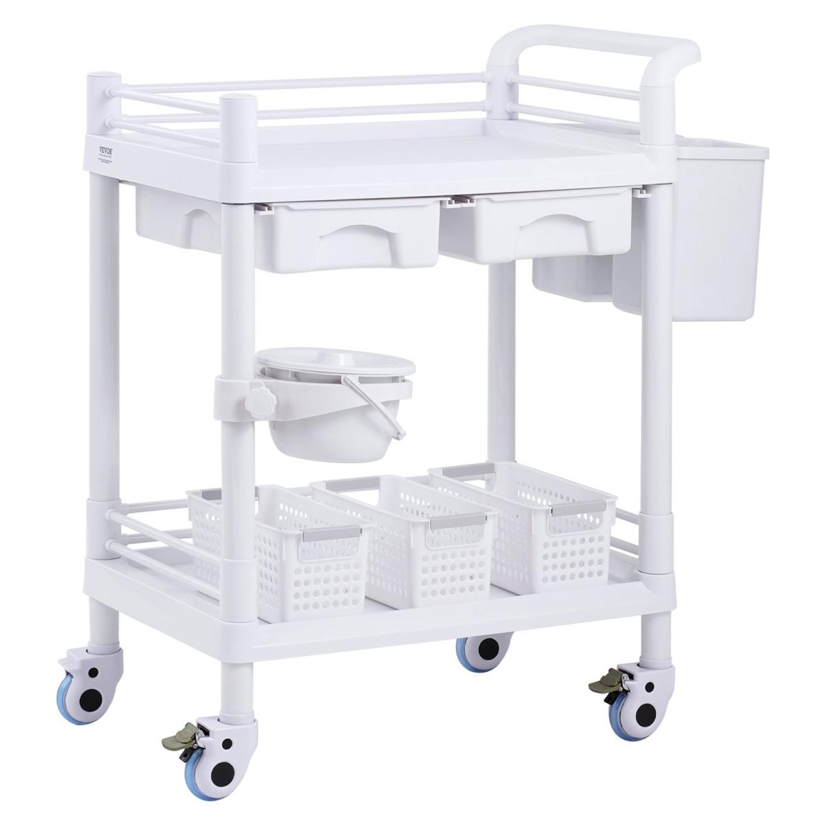 2 Tiers Lab Carts, Lab Utility Cart With 2 Trays, 2 Drawers & 4 Silent Wheels, Mobile Medical Cart With PP Material, Lab Rolling Cart With 3 Trash Cans For Lab, Clinic, Hospital, Salon, White
