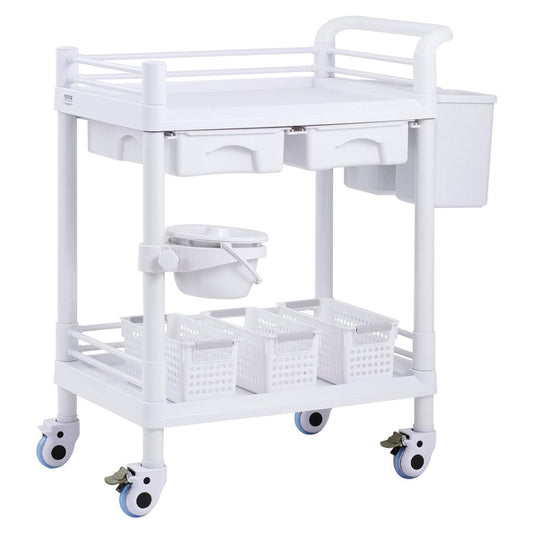 2 Tiers Lab Carts, Lab Utility Cart With 2 Trays, 2 Drawers & 4 Silent Wheels, Mobile Medical Cart With PP Material, Lab Rolling Cart With 3 Trash Cans For Lab, Clinic, Hospital, Salon, White
