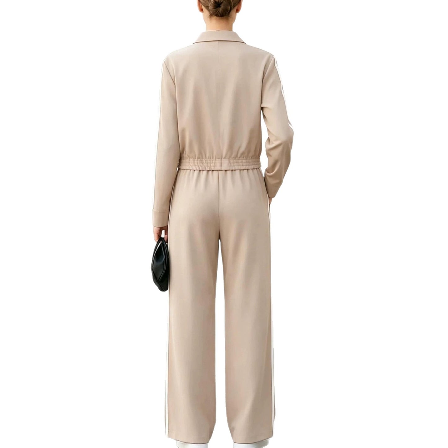 New Fallwinter Stand-collar Zip-up Short Sports Jacket And Side-striped Wide-leg Pants Two-piece Set