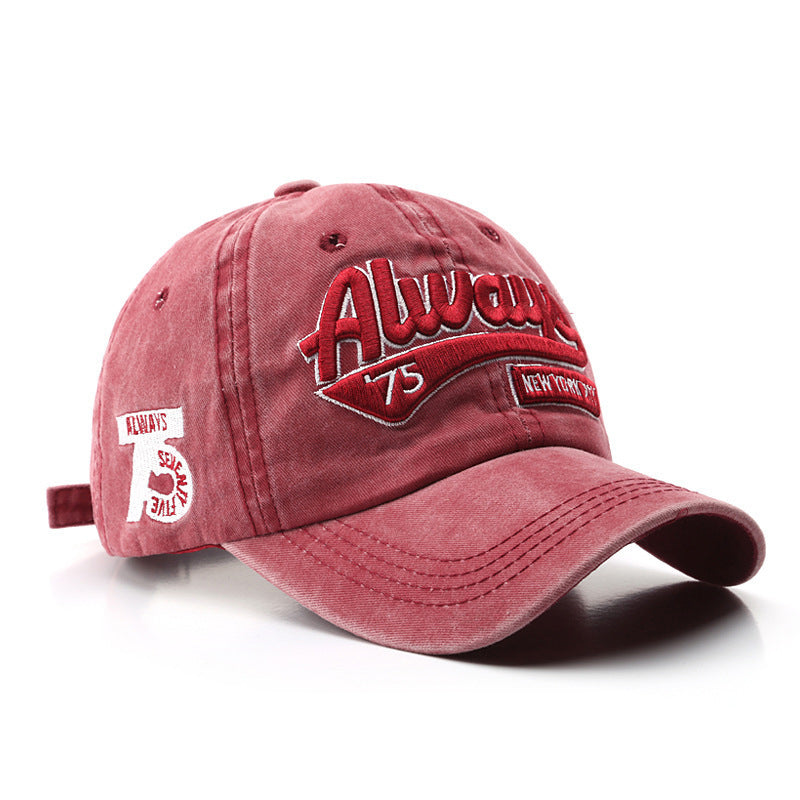 Monochrome Three-dimensional Letter Embroidery Washed-out Distressed Retro Street Style Peaked Cap. Suitable For Outdoor Travel And Shopping.