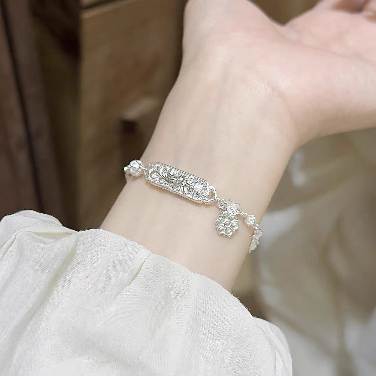 1pc 999 Sterling Silver Hollow Phoenix & Flower Bracelet, Retro Chinese Style, Perfect For Daily Wear & Valentine's Gifts