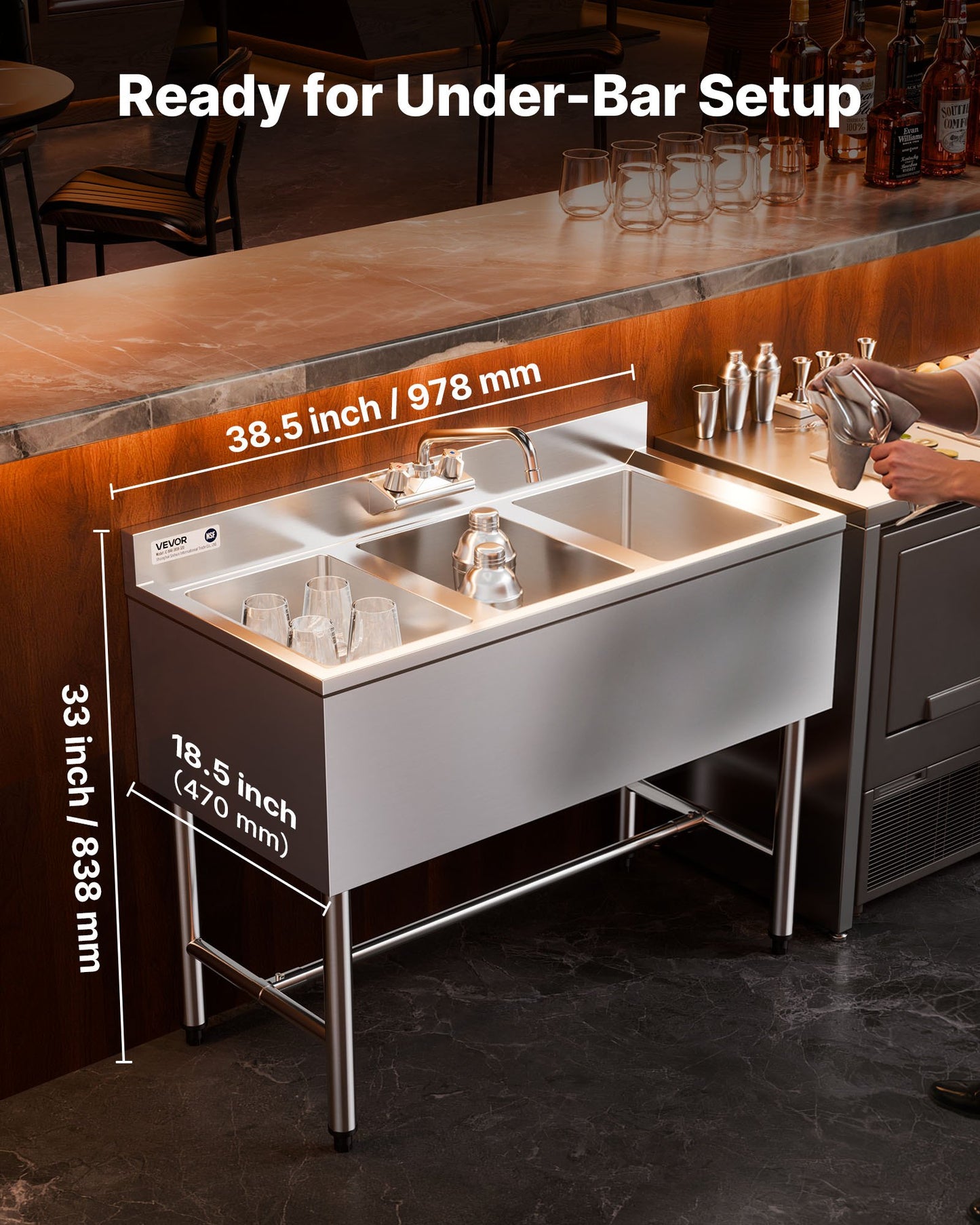 3 Compartment Sink, 18-Gauge 304 Stainless Steel, 10" X 14" X 10" Bowl Size, 3 Bay Commercial Under Bar Sink With Backsplash And Efficient Drainage For Kitchen, Restaurant, Food Truck & Home Use