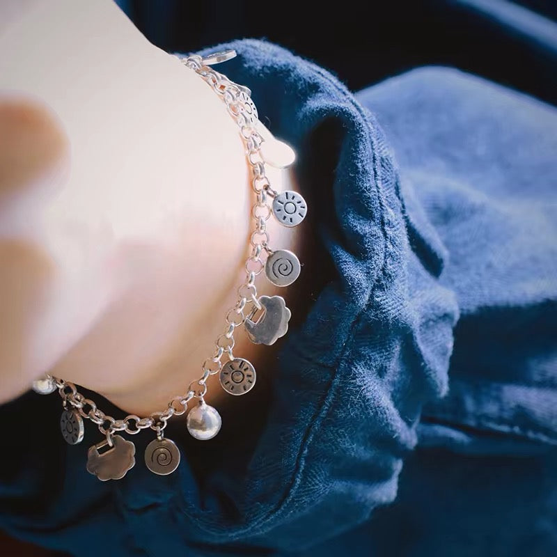 1pc 999 Sterling Silver Sun & Cloud Charm Bracelet, Retro Style, Perfect For Daily Wear And Valentine's Gift