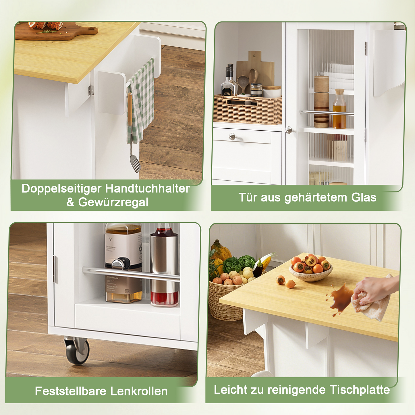 Kitchen Island On Wheels With Folding Worktop, Freestanding Kitchen Cabinet, Serving Trolley With Storage, 2 Drawers, Spice Rack, Towel Rail, Lockable Castors, 120 X45x 92 Cm