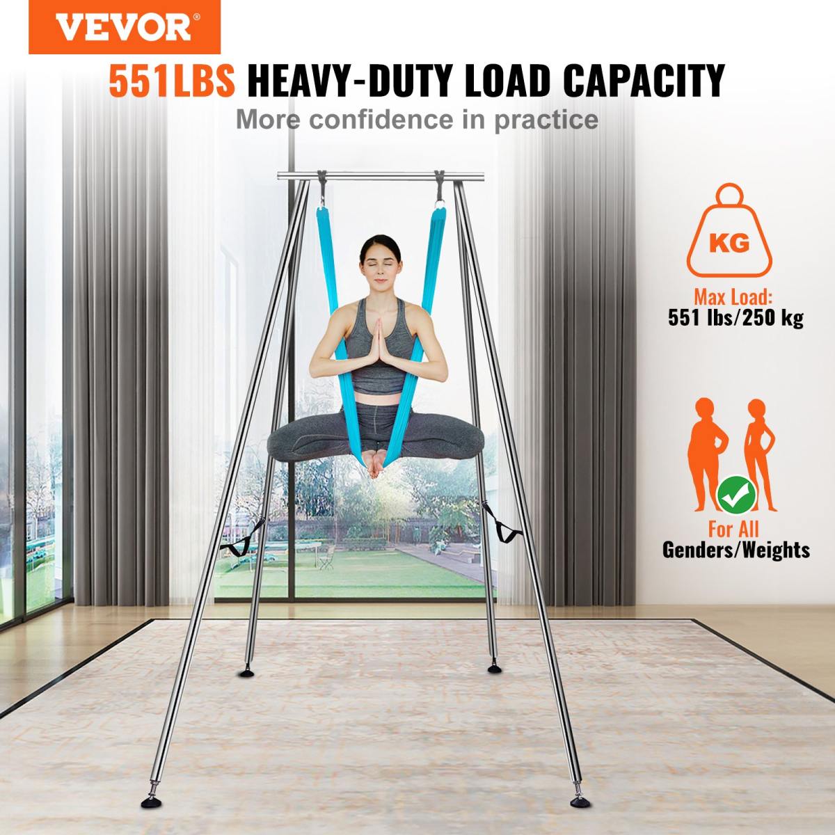 Aerial Yoga Hängematte Mit Yogarahmen 12 X 2,6 M, Blau Yoga Swing Air Fliegen, Yoga-Schaukel Hammock Swing 250 Kg Max. Tragfähigkeit, Inkl. Yoga-Socken & Fußpolster, Anti-Gravity-Übungen