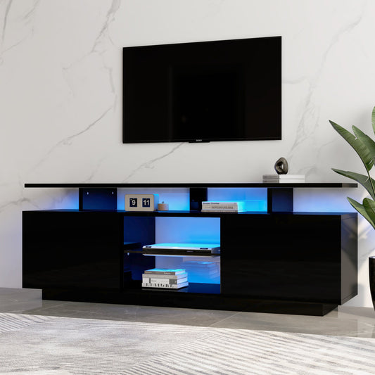 312074075AAB Black TV Cabinet With 16-Color LED Lighting, 1.4 M Length  Stylish -Storage Cabinet For 60-Inch TV, 16-Color Light Strip, High-Gloss Door Panel With Glass Compartment, TV Board