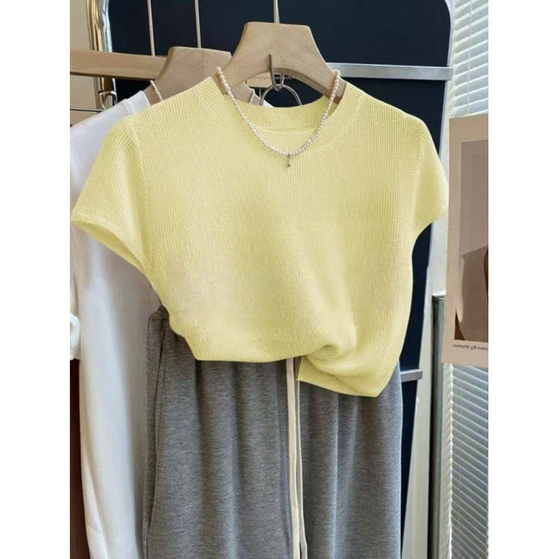 Korean-style Elegant Round-neck Minimalist Knitted Short-sleeve Top For Women