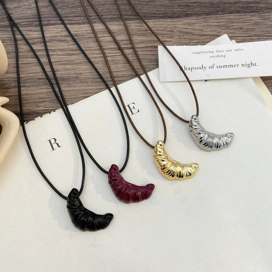 Korean-style Minimalist Croissant Black Leather Cord Necklace