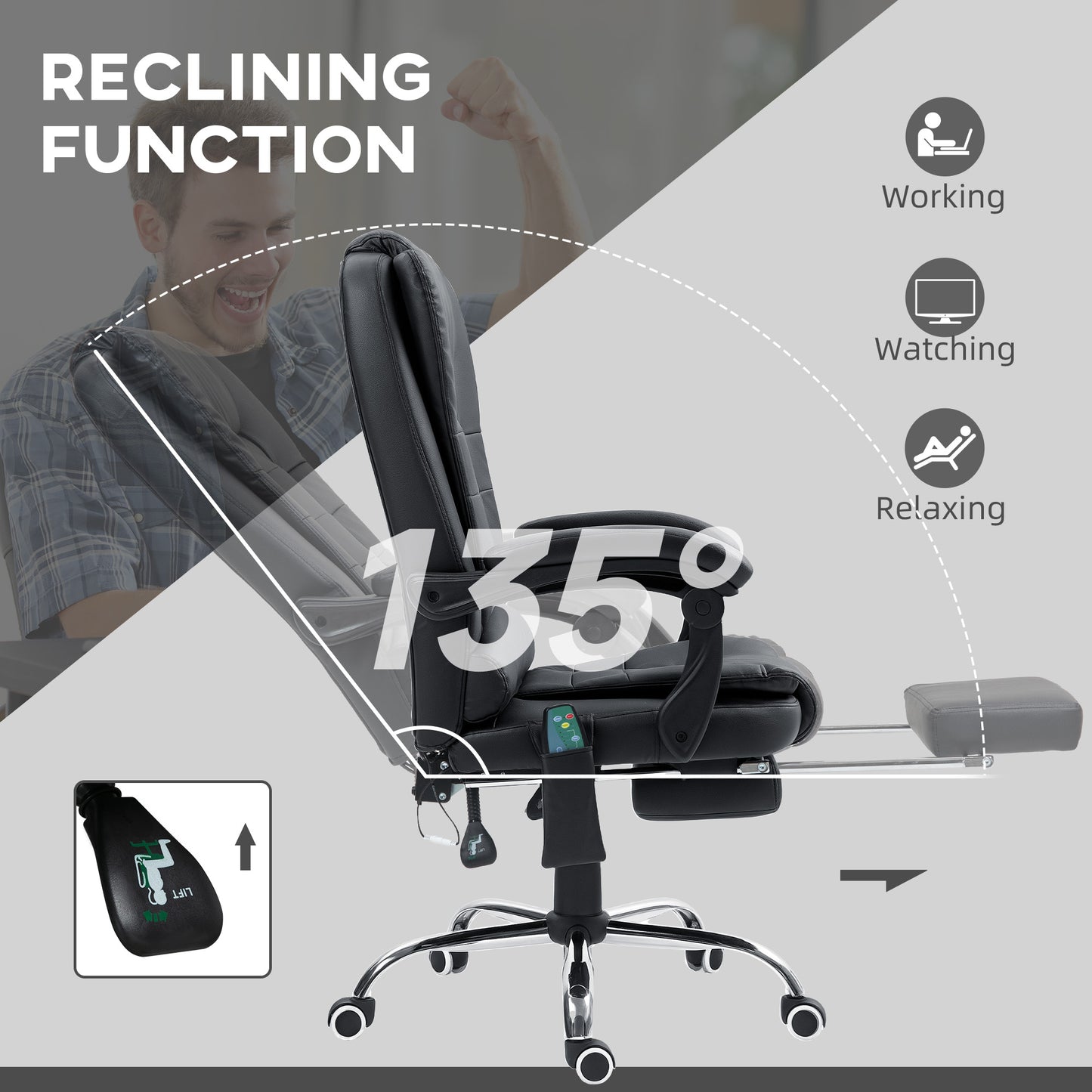 Vinsetto Office Chair With 6 Point Massage And Back Heat, PU Desk Chair With Footrest Adjustable Height And Swivel Wheels, Back Reclining, Black