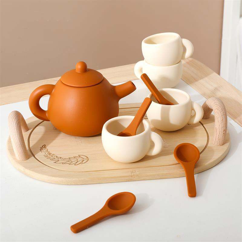 Wooden Silicone Toy Play Kitchen Tea Set For Childrens Pretend Tea Party