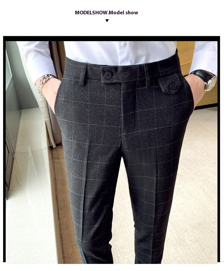 Korean Style British Classic Checkered Elegant Slim Fit Men's Best Man Pencil Pants Suit Pants