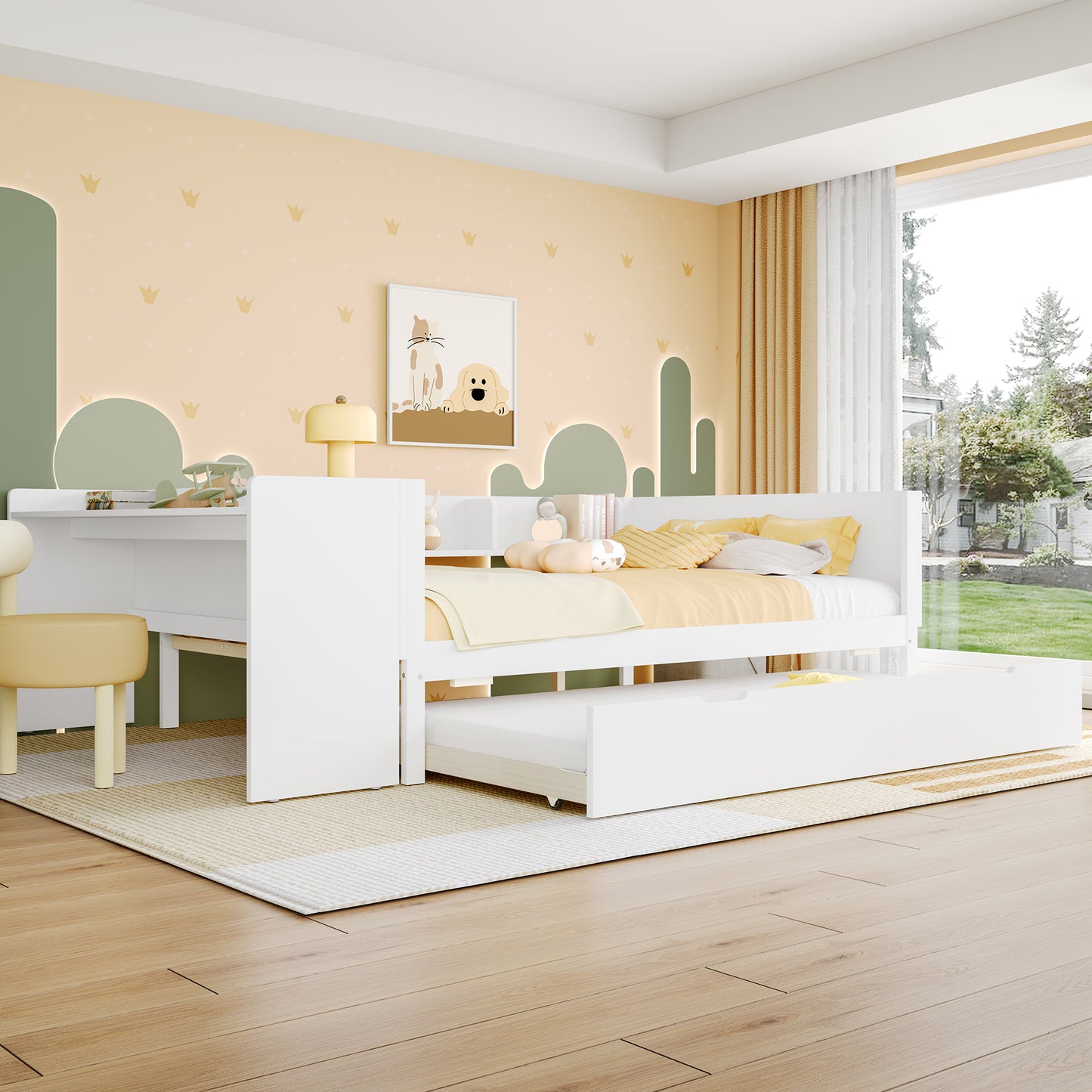 Flat Bed, Wooden Bed, 140x200cm, With Desk, With Rollaway Bed, Double Bed  Without Mattress , With Shelves, Pine Chipboard, White