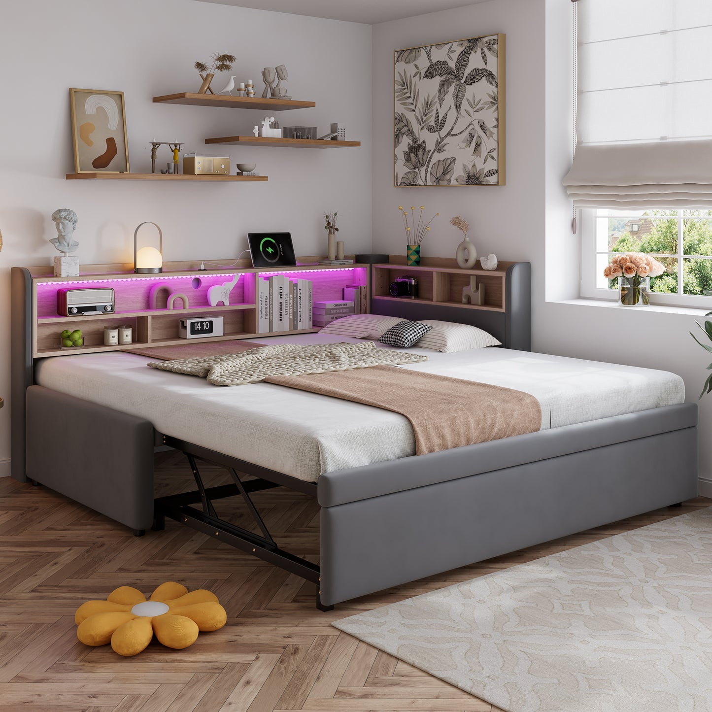 Upholstered Bed, Daybed With Pull Out Trundle, 3FT Single Bed 90x190cm, Daybed Sofa Bed, With Charging Port, LED Strip, With Storage Space, Easy Assembly, Velvet, Grey   No Mattress