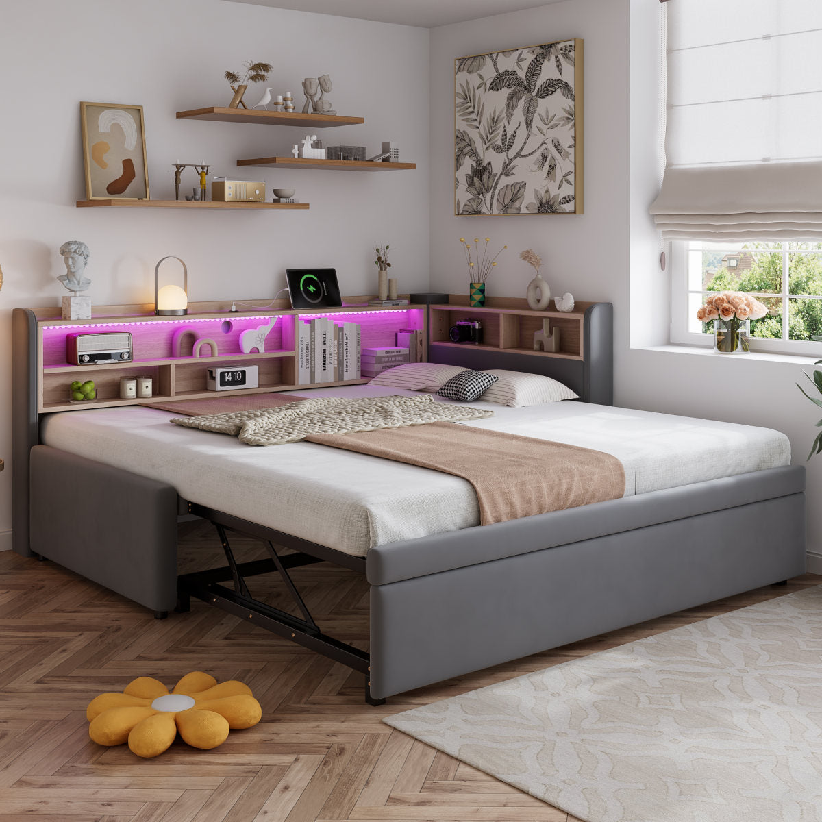 Upholstered Bed, Daybed With Pull Out Trundle, 3FT Single Bed 90x190cm, Daybed Sofa Bed, With Charging Port, LED Strip, With Storage Space, Easy Assembly, Velvet, Grey   No Mattress