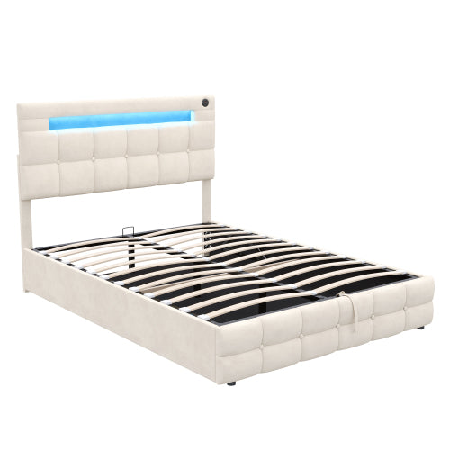 4ft6 Double Upholstered Bed Frame With Hydraulic Storage, Velvet Ottoman Bed With LED Lighting And Charging Station, Double Bed With Adjustable Button Tufted Headboard, Beige