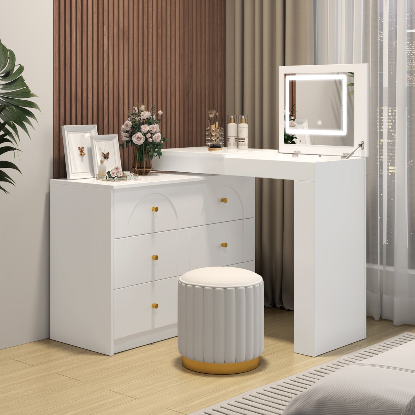 Vanity Desk With Mirror And Lights, Makeup Vanity Table With Flip-Top Tabletop And Storage 7 Drawers, 9 Compartments, 3 Shelves, 3 Color Modes Adjustable Makeup Table For Bedroom,White