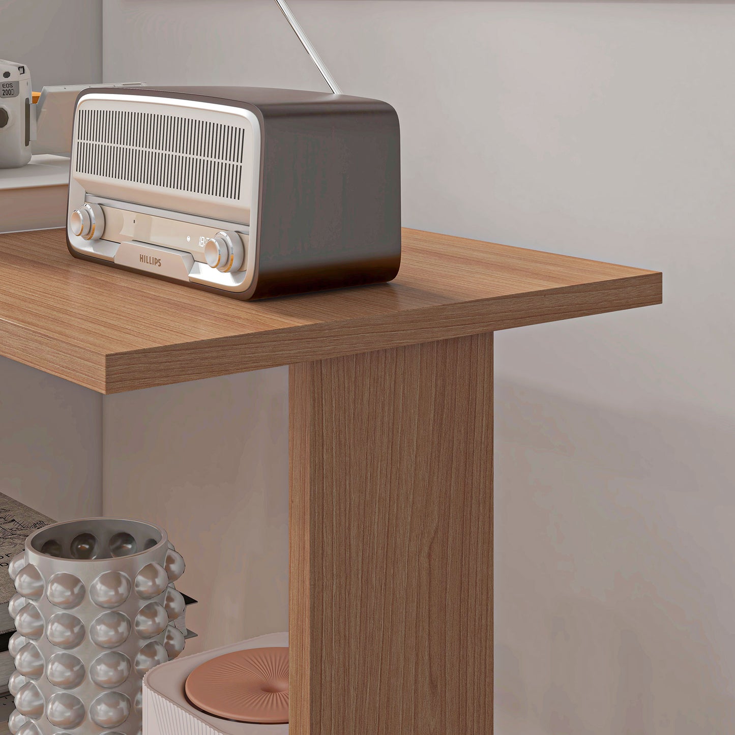 360° Rotating Home Office Desk L Shaped Corner Computer Desk with Storage Shelves, Writing Table Workstation, Teak