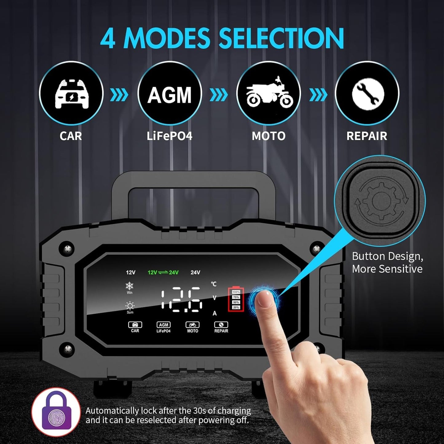 20A 12V 24V 20 Amp Car Battery Smart Charger For Lead Acid LiFePo4 AGM Battery
