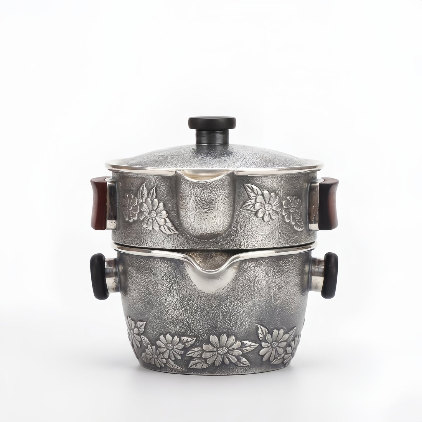 Pure 999 Fine Silver Vintage Handcrafted Silver-Tone Floral Two-Tier Tea Set with Wooden Handles - Handicraft