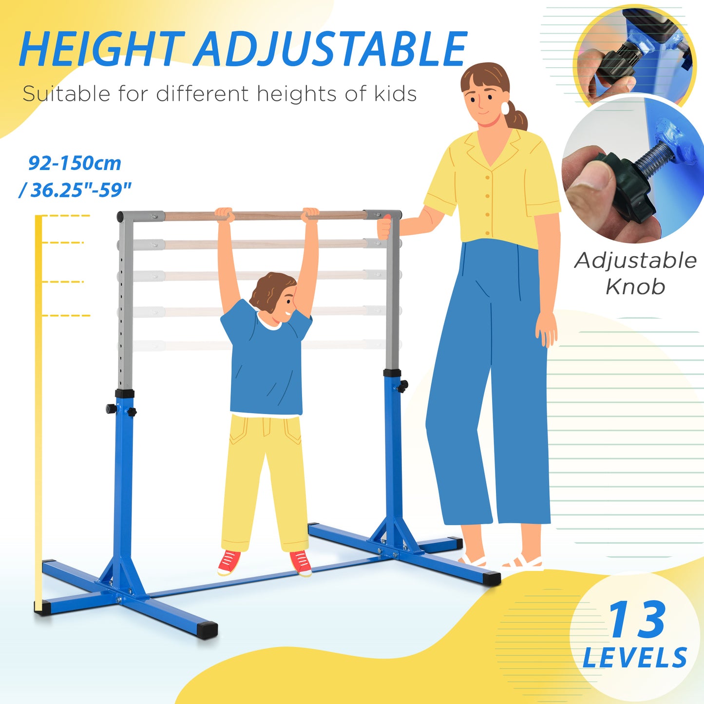 Height Adjustable Gymnastics Horizontal Bar For Kids, Children Junior Kip High Bar Fitness, Blue