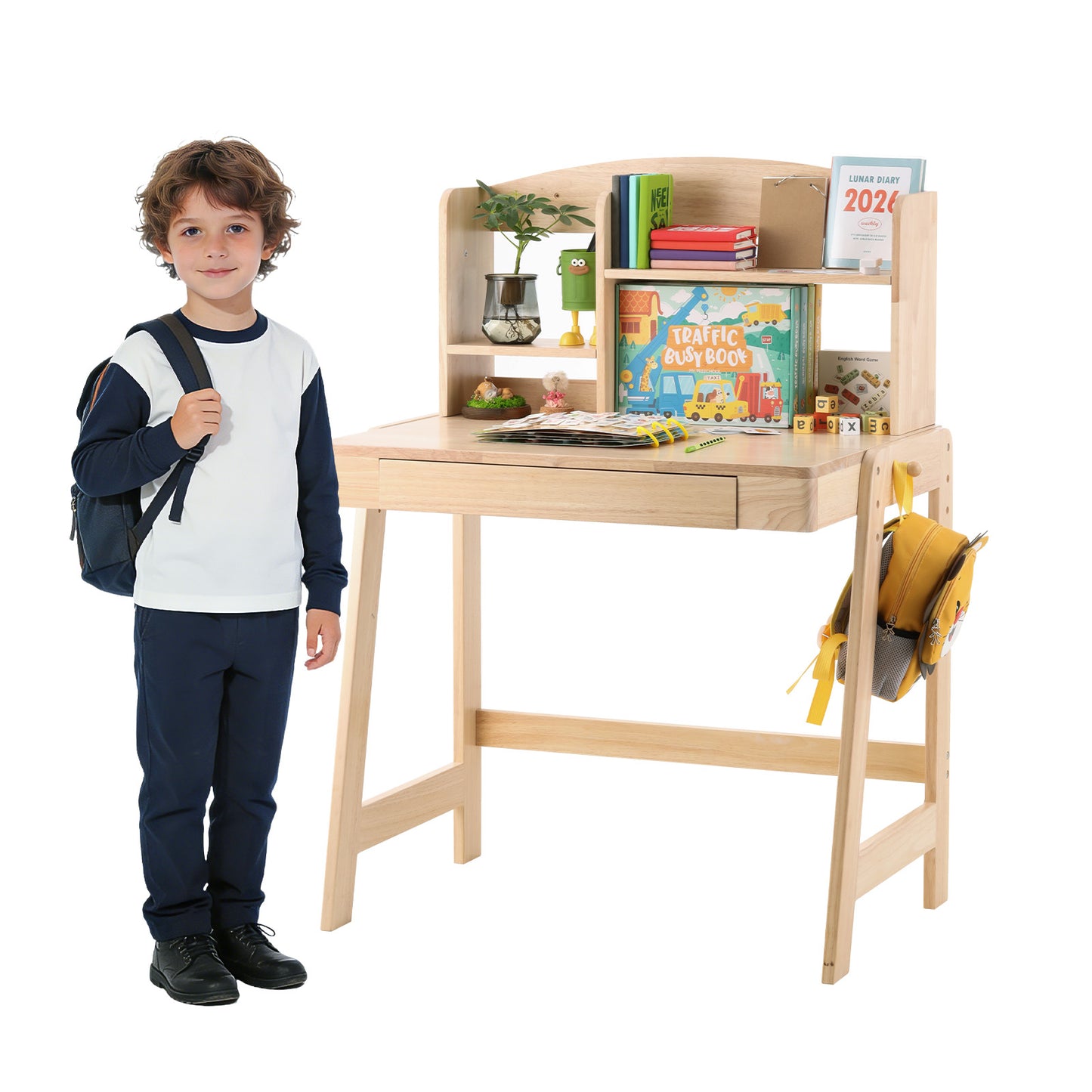 Children's Table, Height-adjustable Solid Wood Children's Desk, Natural Colours, With Drawer, Storage Space & Hooks, Safety Certified, For Children Aged 6 And Over