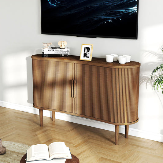 55in Storage Sideboard Modern Fluted Buffet Cabinet With Sliding Door And Solid Wood Legs For Kitchen Living Room Bedroom