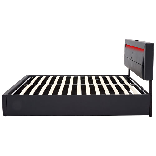 Upholstered Bed 135 X 190 Cm,Double Bed-4ft6,with USB Port  Supports Wireless And Wired Charging, With LED Lighting And Storage Space, Without Mattress, PU-Lychee Design, Black