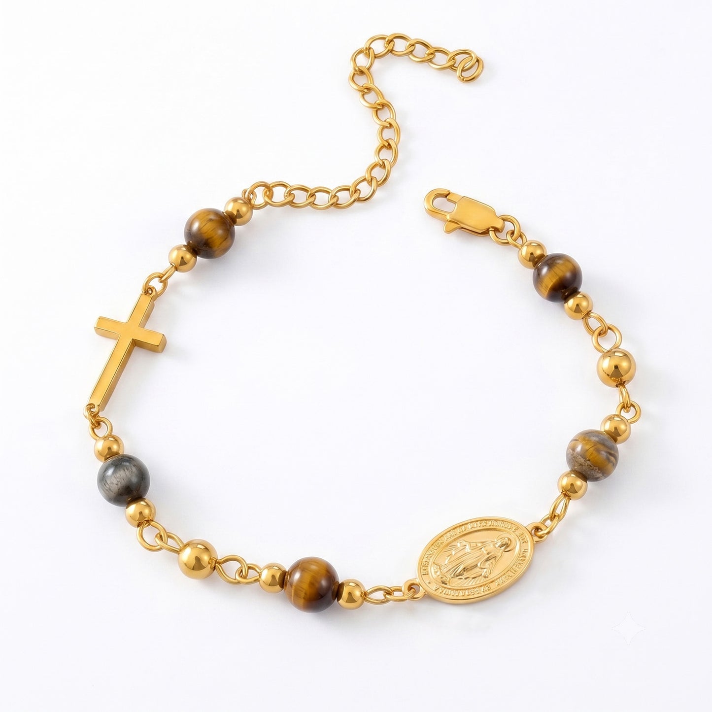 18K Gold Plated Stainless Steel Chain Bracelet For Women Natural Stone Beads Virgin Mary Miracle Medal Cross Bracelets Religious Catholic Jewelry Link Chain Gift