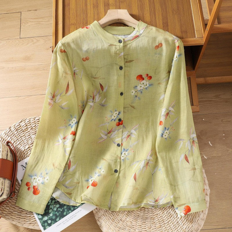 Korean Style Cotton And Linen Printed Long Sleeve Loose