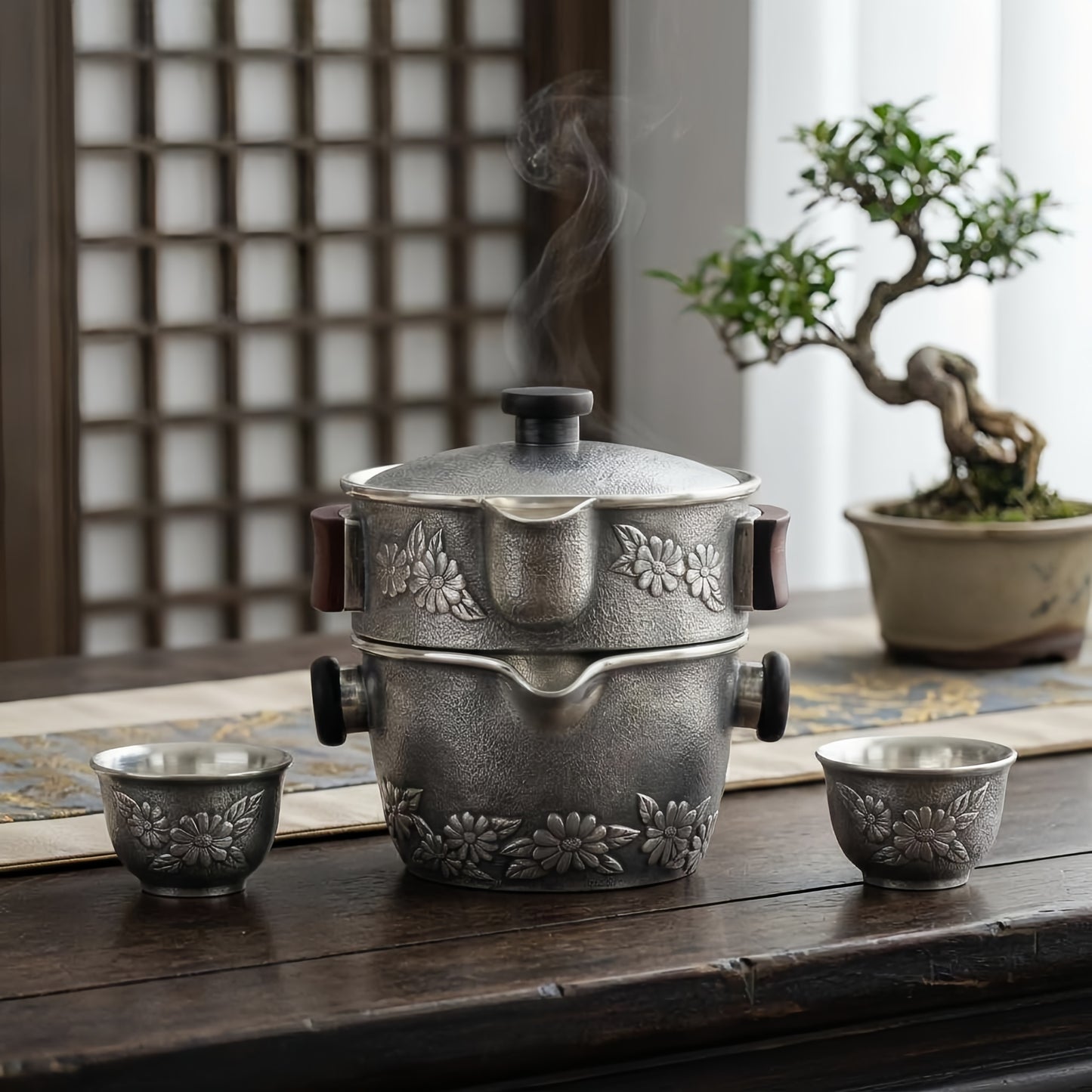 Pure 999 Fine Silver Vintage Handcrafted Silver-Tone Floral Two-Tier Tea Set with Wooden Handles - Handicraft