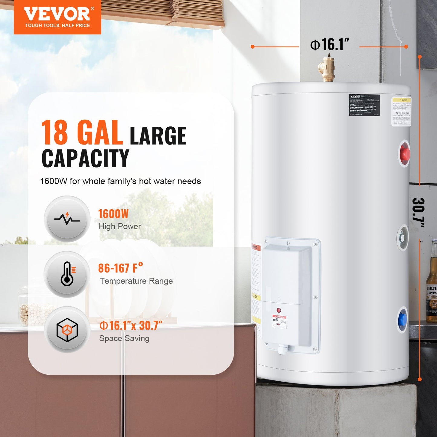 Electric Water Heater, 18 Gallon Tank Instant Hot Water Heater, 1.6Kw Tankless Water Heater W LED Display,Knob Control, IPX4 Waterproof Side Connection On Demand Heaters For Shower, Bath