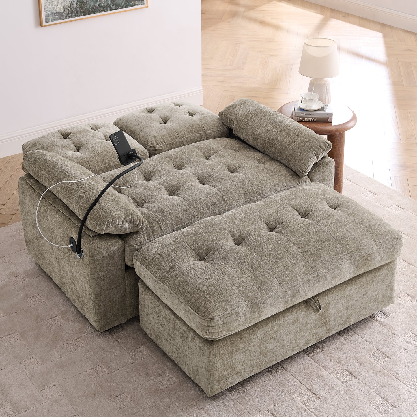 Leisure Sofa Chair,Double Sofa Recliner, With Manually Adjustable Backrest, Soft Padded Armrests, Side USB Charging Port And Phone Stand, Comes With A Matching Storage Ottoman-Brown