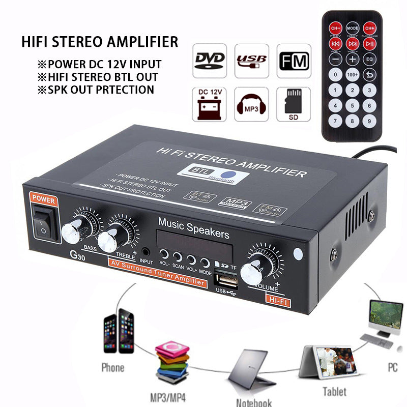 Car Small Smart Digital Power Amplifier With Bluetooth G30 Car Mini Power Amplifier