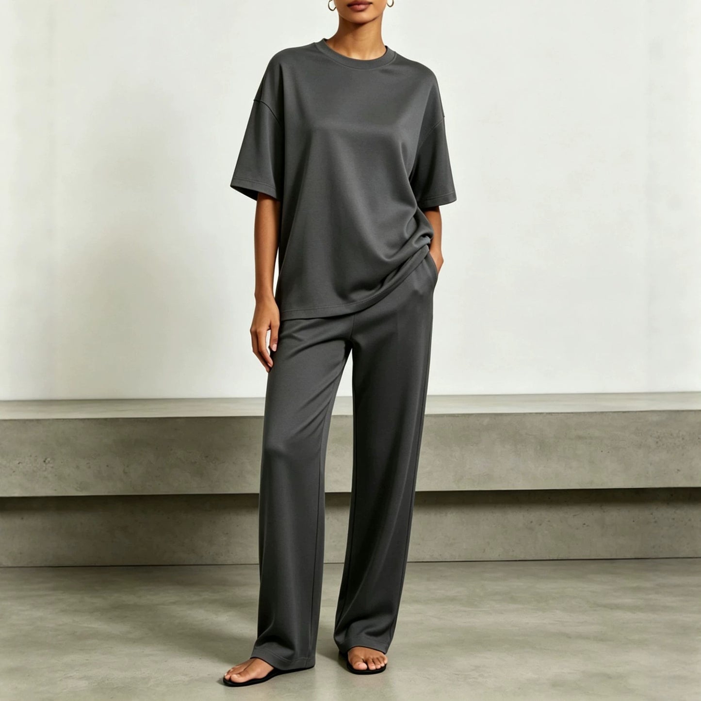 SpringSummer New Arrival Draped Solid-Color Slimming Wide-Leg Pants Set