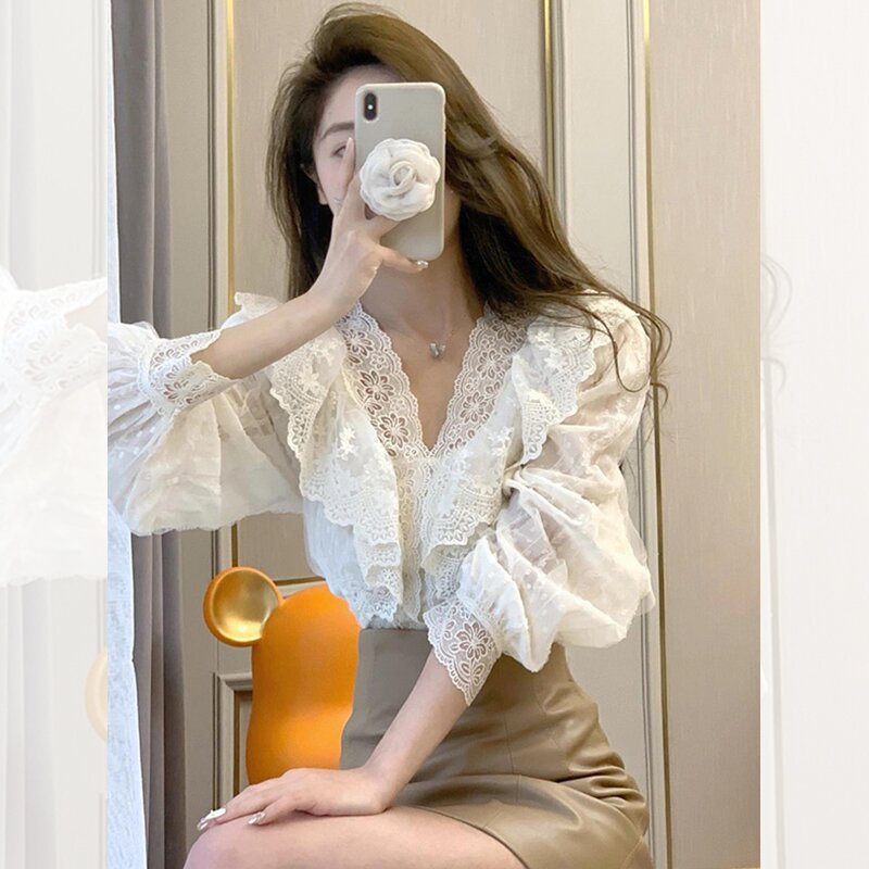 Korean-style Womens Lace Ruffled Puff Sleeves