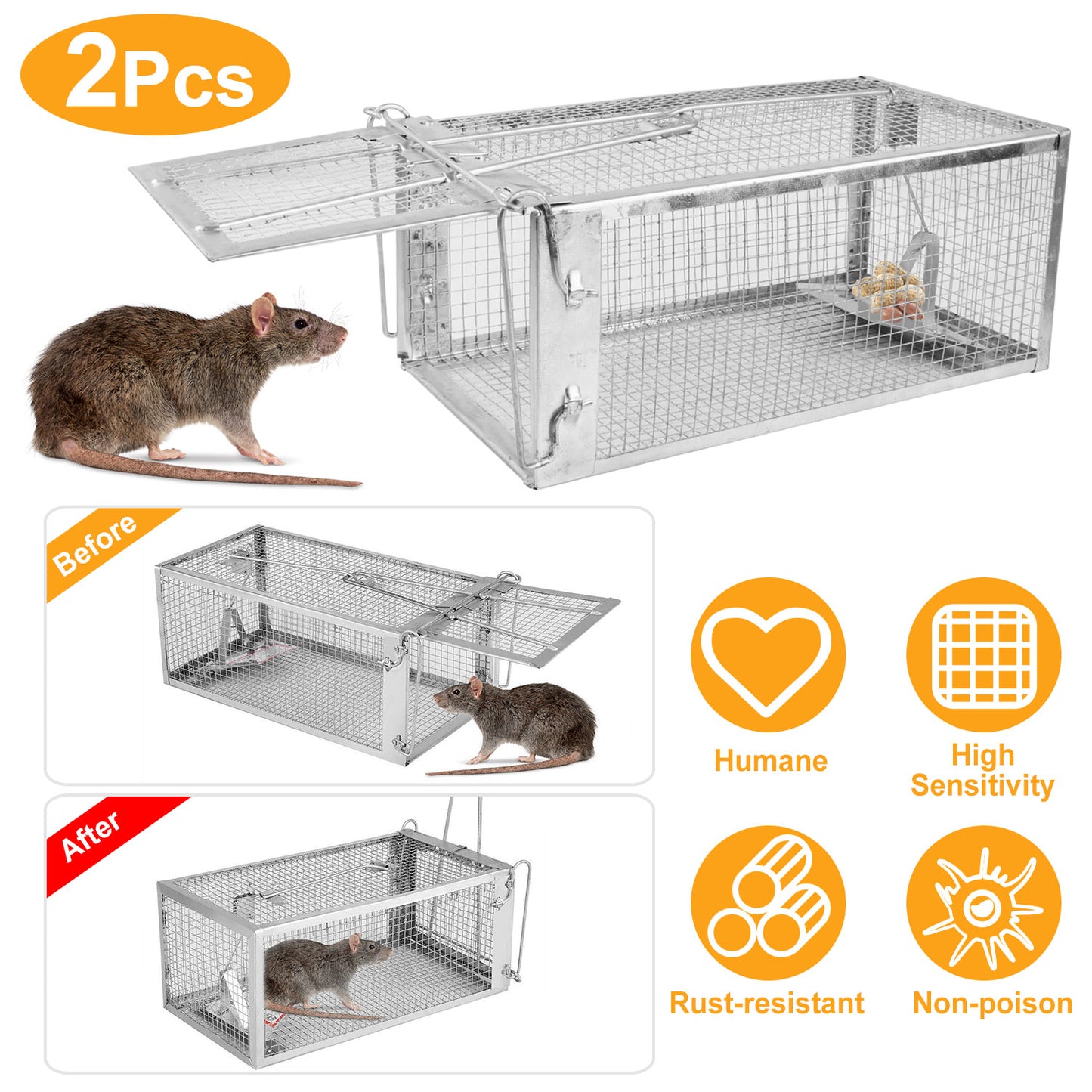 Humane Live Animal Trap, Galvanized Steel Mouse Cage Trap With Sensitive Gravity Pedal, Escape-Proof Design, Reusable Rodent Catcher For Home Yard Garage Restaurant